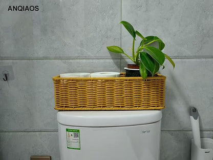 Small Plastic Rattan Baskets for organizing (Set of 2) | Bathroom Basket | Wicker Storage Basket | Toilet Paper Basket | Shelf Baskets | Rustic Style |Water-Resistant and Durable