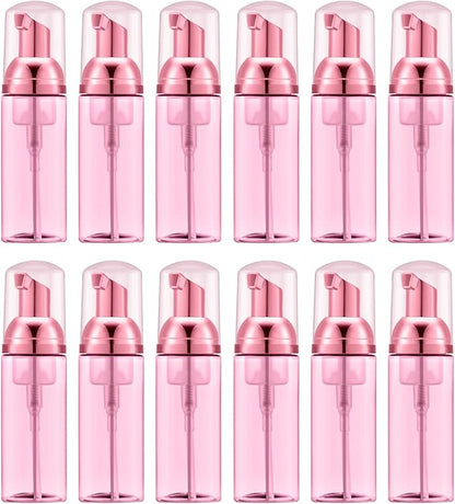 Lil Ray 2 Oz Empty Clear Rose Red Foam Pump Bottle, Travel Foamer Soap Dispenser for Lash Shampoo, Hand Soap, Foaming Cleaner(Rose Red Pump, 12 PCS)
