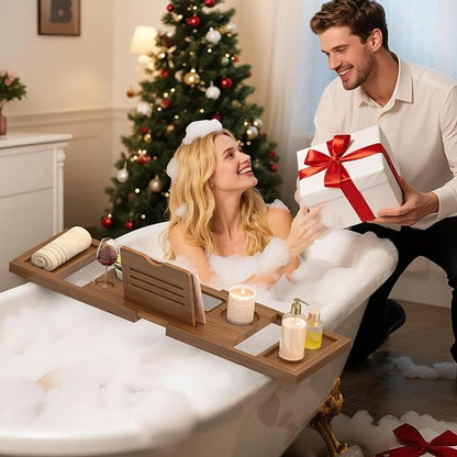 Teak Bathtub Tray, Expandable Wooden Bath Tray for Tub, Luxury Bath Caddy for Bathtub, Birthday & Wedding for Couple Bridal Shower Present, House Warming Gifts New Home