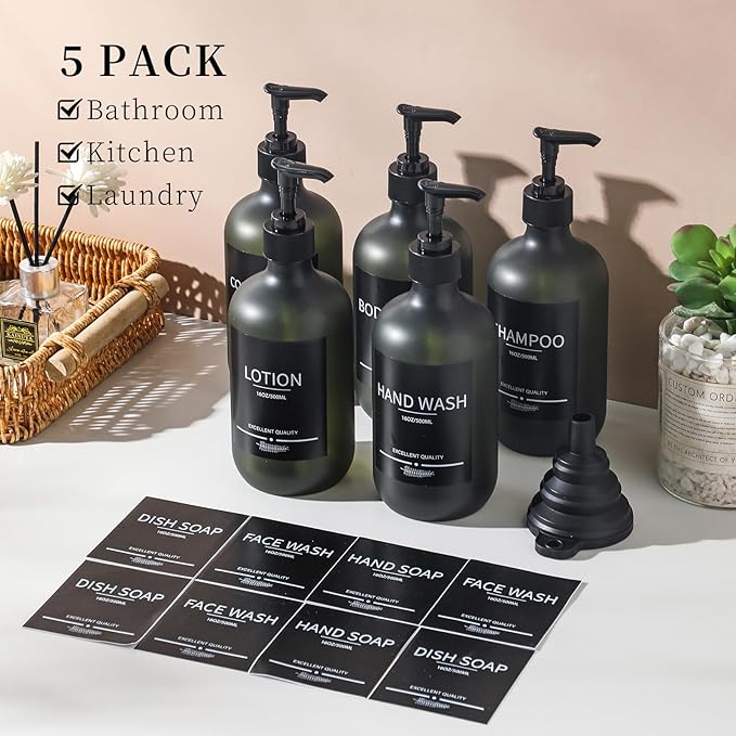 Plastic Refillable Shampoo and Conditioner Bottles with Pumps and Labels (5-Pack, Green)