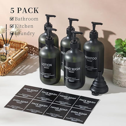 Plastic Refillable Shampoo and Conditioner Bottles with Pumps and Labels (5-Pack, Green)
