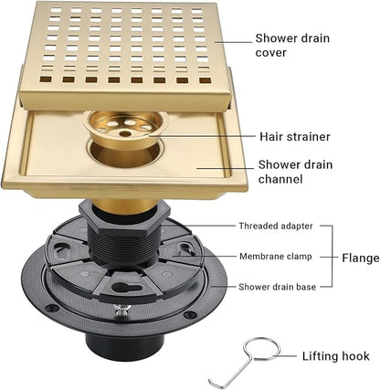 4 Inch Square Shower Floor Drain, Stainless Steel Black Shower Drain Kit with Flange, Floor Drain with Removable Grid Cover,Brushed Gold