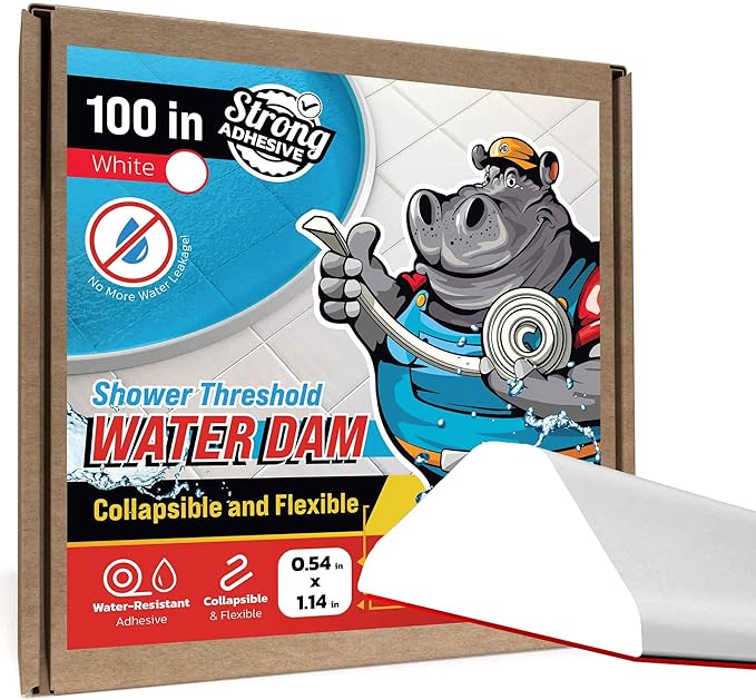 Shower Threshold Water Dam Barrier 100" - White Collapsible Shower Water Blocker - Guard for Walk in Shower - Water Guard Stopper for Floor - Shower Door Water Blocker - Triangular - By Hippo Dam