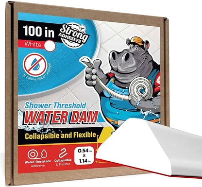 Shower Threshold Water Dam Barrier 100" - White Collapsible Shower Water Blocker - Guard for Walk in Shower - Water Guard Stopper for Floor - Shower Door Water Blocker - Triangular - By Hippo Dam