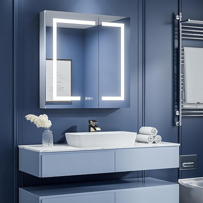 ExBrite LED Lighted Bathroom Medicine Cabinet with Mirror, 30 x 30 Inch, Recessed or Surface Mount, Anti-Fog, Stepless Dimming, Color Temperature Change, Built-in 6000K Sensor Light, Storage Shelves