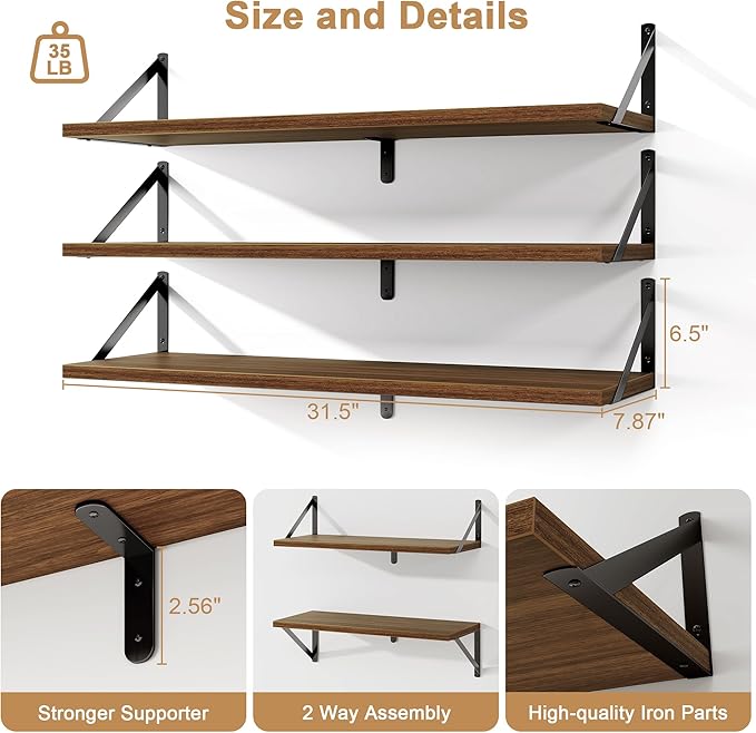Fun Memories Floating Shelves, 32 x 8 Inches, Set of 3 Wall-Mounted Bookshelves with Metal Brackets, Decorative Storage for Home and Office (Walnut)