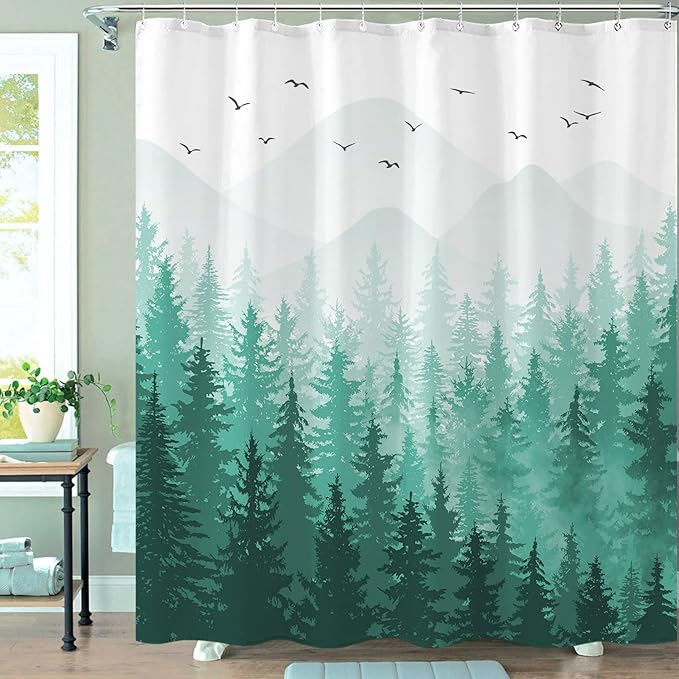 Aipon Teal Misty Forest Shower Curtain Ombre Nature Tree Plants Shower Curtains Fabric Waterproof Mountain Shower Curtain Sets for Bathroom Bath Decor with 12 Hooks (Teal, 72'' × 72'')