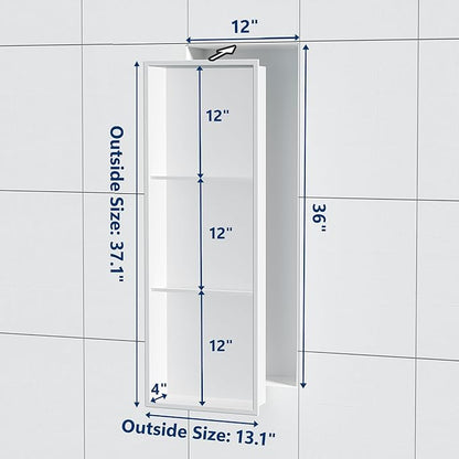Neodrain 12X36 Inch Shower Niche, White 3-Tier Stainless Cubby NO Tile Needed Recessed Niche Shower for Bathroom Storage, Waterproof Wall Shelf