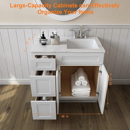 ROOMTEC Bathroom Cabinet, 36'' Free Standing Bathroom Vanity with 3 Left Drawers and 1 Door,Soft-Close Drawer Slides Morden Bathroom Sink Vanity Storage Cabinet, Shaker White