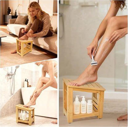 Shower Foot Rest, Small Bamboo Foot Stool with Storage Shelf, Shower Stool for Shaving Legs, No Assembly Required, Natural
