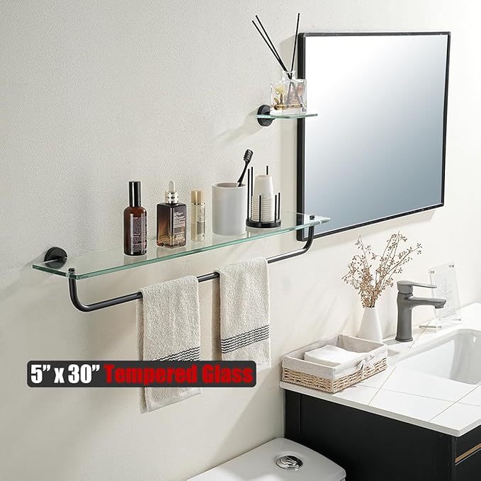 JQK Bathroom Glass Shelf, Shelf with 29 Inch Towel Bar Tempered Glass Shower Storage 30 by 5 inches, 304 Stainless Steel Matte Black Wall Mount, TGS100L30-PB