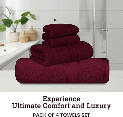 Casa Lino 4 Piece Bath Towel Set | 1 Bath Towel, 2 Wash Cloth, 1 Hand Towels | Bathroom Essentials for New Home, 100% Cotton Luxury Towels, Highly Absorbent Bathroom Set, Burgundy.