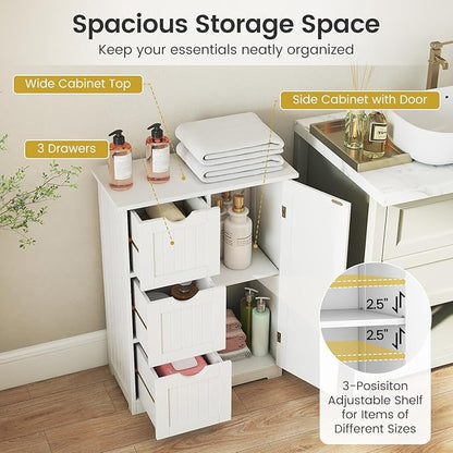 Tangkula Bathroom Floor Cabinet, Freestanding Storage Cabinet with 3 Drawers & Single Door, Adjustable Shelf, Multipurpose Bathroom Storage for Home Office, 23.5 x 12 x 32 Inches (3 Drawers, White)