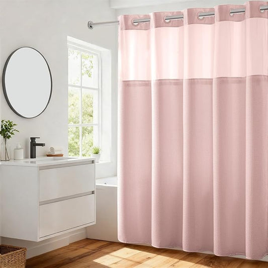 River Dream No Hooks Required Dotted Pink Shower Curtain with Snap in Liner - 71" W x 74" H,Hotel Grade,Spa Like Bath Curtain