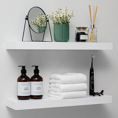 Homeforia White Floating Shelves 24 inch, High End Solid Real Wood 24inch Bathroom Floating Shelf for Wall Mounted, White Wooden 24in Floating Shelves, Heavy Duty Bracket, 24 X 6.5 X 1.75 in, Set of 3