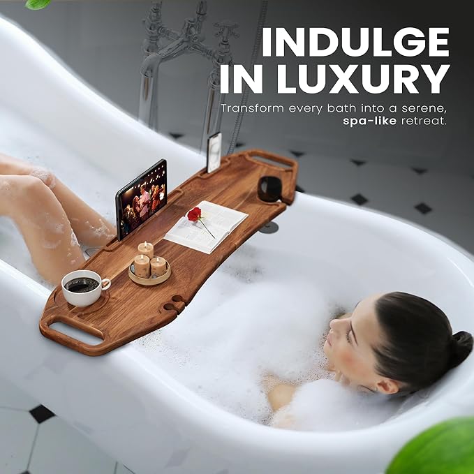 Lush & Style Premium Large Bathtub Tray Large & Thick 35x10 Inch, Acacia Wood Luxury, Waterproof, Non-Toxic, Adjustable Legs, No Tools Required,Caddy Tray, Luxury Bath Accessories,New Home Essenials
