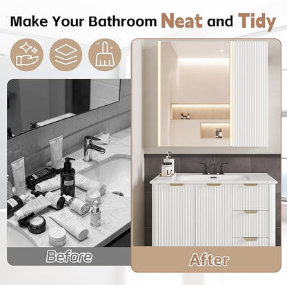 Lighted Bathroom Medicine Cabinet with Mirror，30 x 28 Inch Wall-Mounted Bathroom Wall Cabinet with Storage, LED Lights, Adjustable Shelves,White