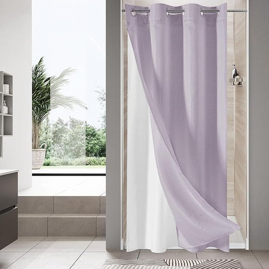MitoVilla Purple Waffle Small Stall Shower Curtain Liner Set 36 x 74, No Hooks Required Half Size Narrow Fabric Cloth Shower Curtain Set with Snap-in Liner for Modern Bathroom Decor, Lavender
