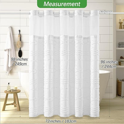 Extra Long No Hooks Shower Curtains, 98 Inches Long Boho Tufted Chevron Striped Fabric Shower Curtain for Bathroom with Snap in Liner, White Water Resistant Cloth Shower Curtain Set
