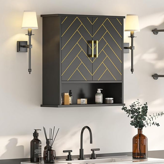 Black Chevron Pattern Bathroom Wall Cabinet, Modern Hanging Medicine Cabinet with Gold Hardware, Space-Saving Over Toilet Storage Organizer (23 5/8" x 22 7/8" x 15 3/4")