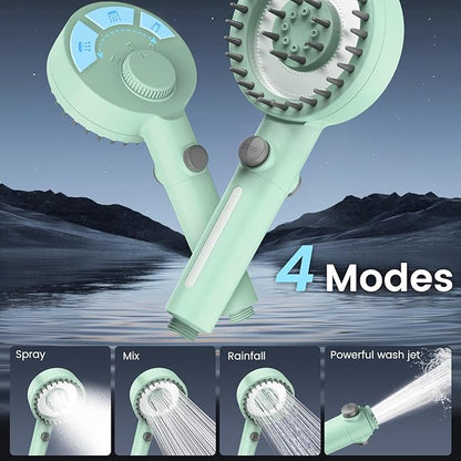 Filtered Shower Head with Handheld, High Pressure 4 Spray Mode Showerhead with Filters, Water Softener Beads for Hard Water with ON/OFF Switch for Pets - Remove Chlorine (Green, 5 Inch Panel)