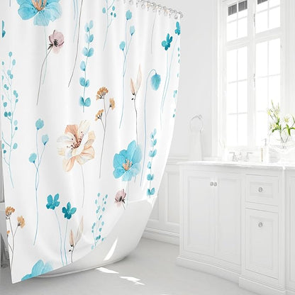 Gibelle Watercolor Floral Shower Curtain, Light Blue Beige Flower Shower Curtain for Bathroom, Modern Minimalist Waterproof Fabric Shower Curtain Set 72x72 Inch