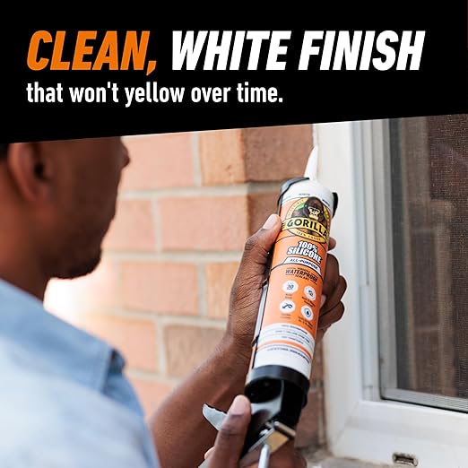 Gorilla Waterproof Caulk & Seal Silicone Sealant, 10oz Cartridge (Pack of 1) - White Caulking Sealant for Kitchen, Window, Bath, Marine, Door and More