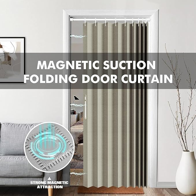 100% Blackout Fabric Folding Door Curtain with Magnetic Closure - Accordion Style for Sliding Doors, Closets,Wardrobe and Temporary Door Solutions Doorway Curtains（W42 x L78, Off White 1 Panel）