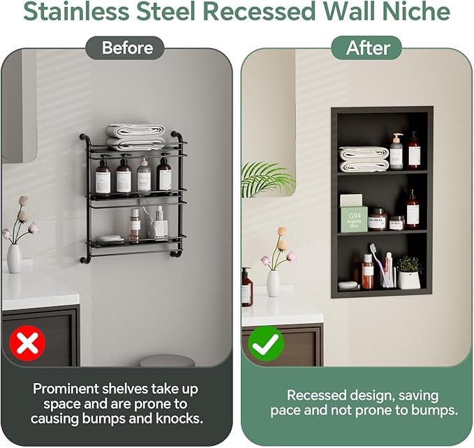 Stainless Steel Recessed Medicine Cabinet 14''*24'', Rust-Proof Metal Wall Niche, in Wall Shower Niche Shelf Insert Replacement, Recessed Medicine Cabinets for Drywall, Bathroom Storage, Black
