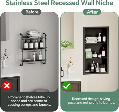 Stainless Steel Recessed Medicine Cabinet 14''*24'', Rust-Proof Metal Wall Niche, in Wall Shower Niche Shelf Insert Replacement, Recessed Medicine Cabinets for Drywall, Bathroom Storage, Black