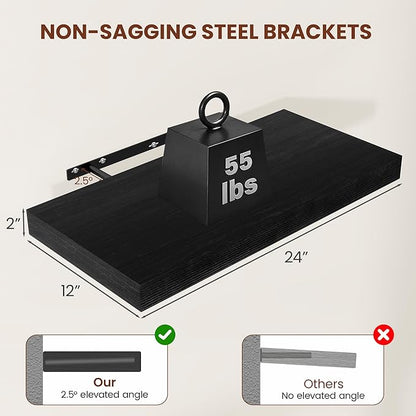 Black Floating Shelves for Wall 24 Inches Long, 12" Deep Wall Shelves 2" Thick, Heavy Duty Shelf for Bedroom, Bathroom, Living Room, Kitchen, Office, Home Decor, Modern Shelf Set of 2, 24" X 12" X 2"