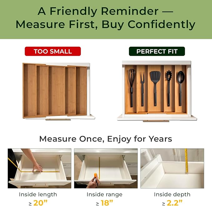 Carbonized Bamboo Kitchen Drawer Organizer, 5 Slots Expandable Silverware Organizer, Utensil Holder & Cutlery Tray, 2.2" Deep for Extra Capacity, Non-Slip Feet Included