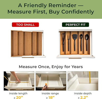 Carbonized Bamboo Kitchen Drawer Organizer, 5 Slots Expandable Silverware Organizer, Utensil Holder & Cutlery Tray, 2.2" Deep for Extra Capacity, Non-Slip Feet Included