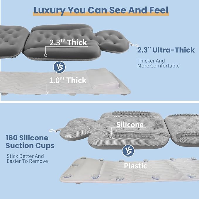 Bath Cushion, Full Body Bathtub Pillow with 160 Suction Cups, Bath Mat for Head and Neck Support, with Laundry Bag (Dark Gray, 51.2" x 16.2")