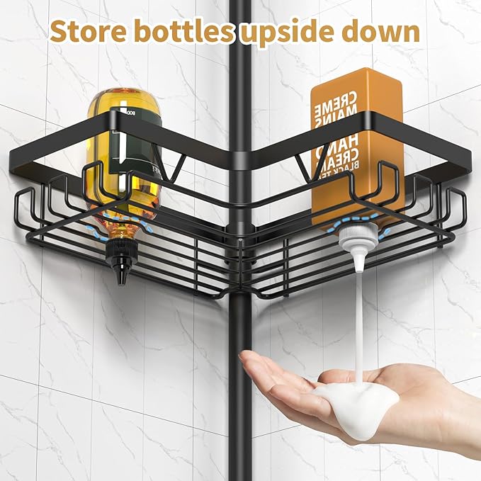 Corner Shower Caddy - 4-Tier Shower Caddy Tension Pole with 2 Removable Soap holders Bathroom Shampoo Holder for Bathtub & Corner, Black, Floor to Ceiling 25-114.2 inch