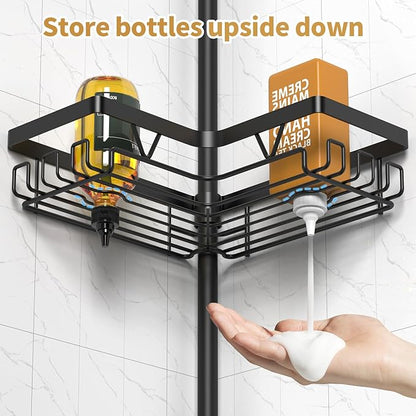Corner Shower Caddy - 4-Tier Shower Caddy Tension Pole with 2 Removable Soap holders Bathroom Shampoo Holder for Bathtub & Corner, Black, Floor to Ceiling 25-114.2 inch