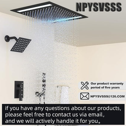 Rain Shower Head System with 14x20 Inch Ceiling Mount LED Head & 6 Inch Wall Head and Handheld Shower 3 Way Pressure Balance Valve Kit, Matte Black