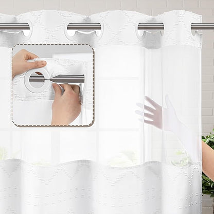 ROSERY No Hook Shower Curtain with Snap in Fabric Liner Set, Boho Farmhouse Jacquard Tufted Geometric Striped Shower Curtain for Bathroom with Tassel, Trellis Pattern, 71" W x 74" L