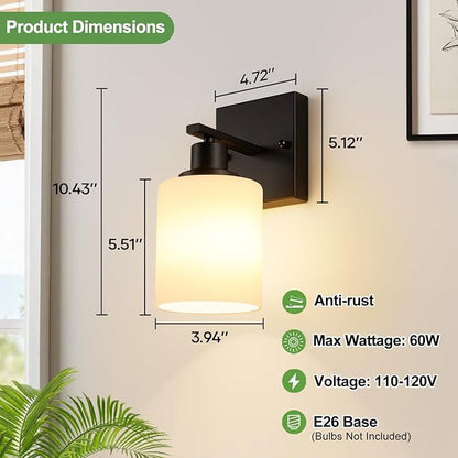 Set of 2 Wall Sconces for Bathroom,Black Modern Vanity Lights with White Glass Shade,Bathroom Wall Lamp for Mirror Kitchen Living Room Hallway Cabinet Porch