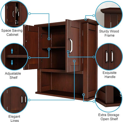 ChooChoo Wood Wall Cabinet with Doors, Medicine Cabinet with Adjustable Shelves Over The Toilet, Rustic Cabinet Wall Mounted for Bathroom, Kitchen, Living Room, Dark Cherry