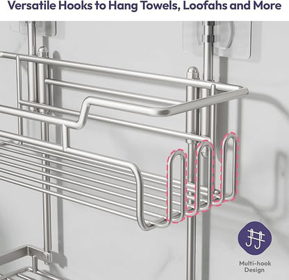 SWTYMIKI Bathroom Shower Caddy Hanging - 3 Tier Rustproof Over Shower Head Organizer, No Drilling Bathroom Shelf with 16 Hooks & Soap Holder, Anti-Swing Rack, Sand Nickel, Medium
