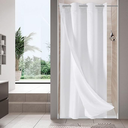 MitoVilla White Waffle Small Stall Shower Curtain Liner Set 36 x 74, No Hooks Required Half Size Narrow Fabric Shower Curtain with Snap-in Liner for Modern Farmhouse Bathroom Decor