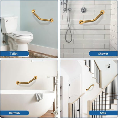 2 Pack 16 Inch Munzong Shower Grab Bars for Seniors, Gold Angled Anti Slip Grab Bars for Bathtubs and Showers Safety Hand Rail Support Handicap Elderly Injury Senior Assist Bath Handle