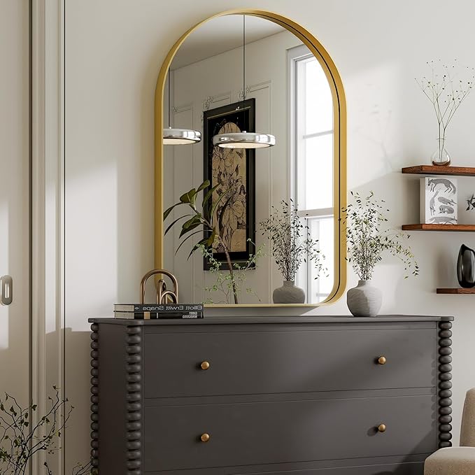 GLSLAND 26”x38“ Gold Arched Bathroom Mirror - Aluminum Alloy Framed Mirrors for Wall- Arch Wall Mirror, Brush Gold Bathroom Mirror for Bedroom