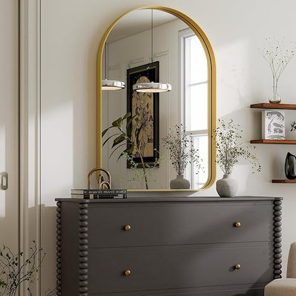 GLSLAND 26”x38“ Gold Arched Bathroom Mirror - Aluminum Alloy Framed Mirrors for Wall- Arch Wall Mirror, Brush Gold Bathroom Mirror for Bedroom