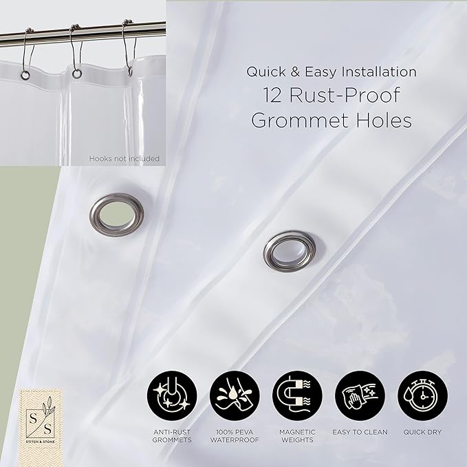 Stitch & Stone Shower Curtain Liner, Premium Lightweight Durable Waterproof 4g PEVA for Bathroom with Weighted Magnets, Standard Size 70" x 72" Clear 1 Pack