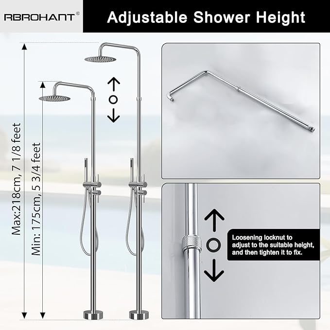 RBROHANT Freestanding Outdoor Shower Chrome, Height Adjustable Outside Showers for Backyard Garden Pool Beach, Outdoor Shower Fixtures with 10” Rain Shower Head and Handheld, Polished Chrome, JK0451