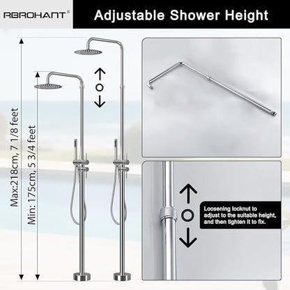 RBROHANT Freestanding Outdoor Shower Chrome, Height Adjustable Outside Showers for Backyard Garden Pool Beach, Outdoor Shower Fixtures with 10” Rain Shower Head and Handheld, Polished Chrome, JK0451