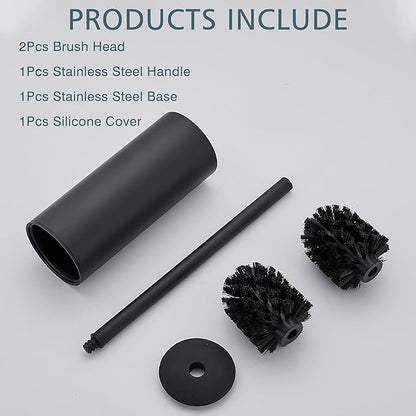FORIOUS Toilet Brush and Holder Set Black, Heavy Duty 304 Stainless Steel Base and Long Handle Toilet Bowl Cleaners Brush, for Bathroom Storage and Organization, 2 Brush Head