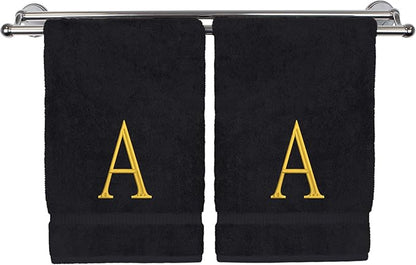 Monogrammed Hand Towel, Personalized Initial Gift, Extra Absorbent 100% Turkish Cotton - Soft Terry Finish - Set of 2 - Gold Block Initial A - Embroidered on Black Towels